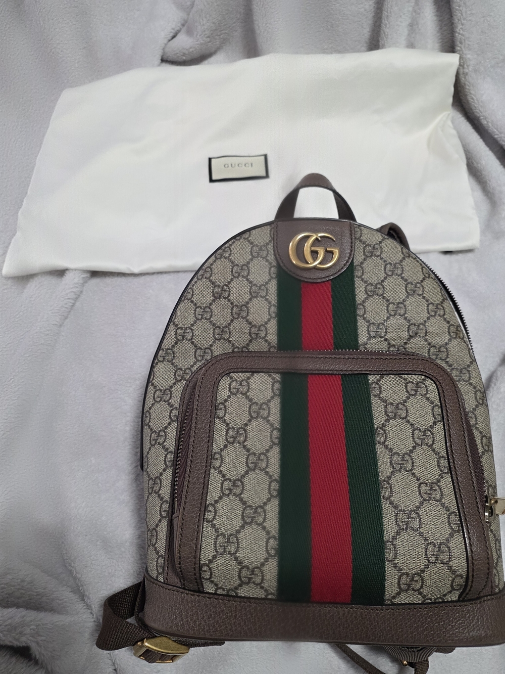 Gucci Beige GG Supreme Canvas Backpack with Green and Red Web Stripe